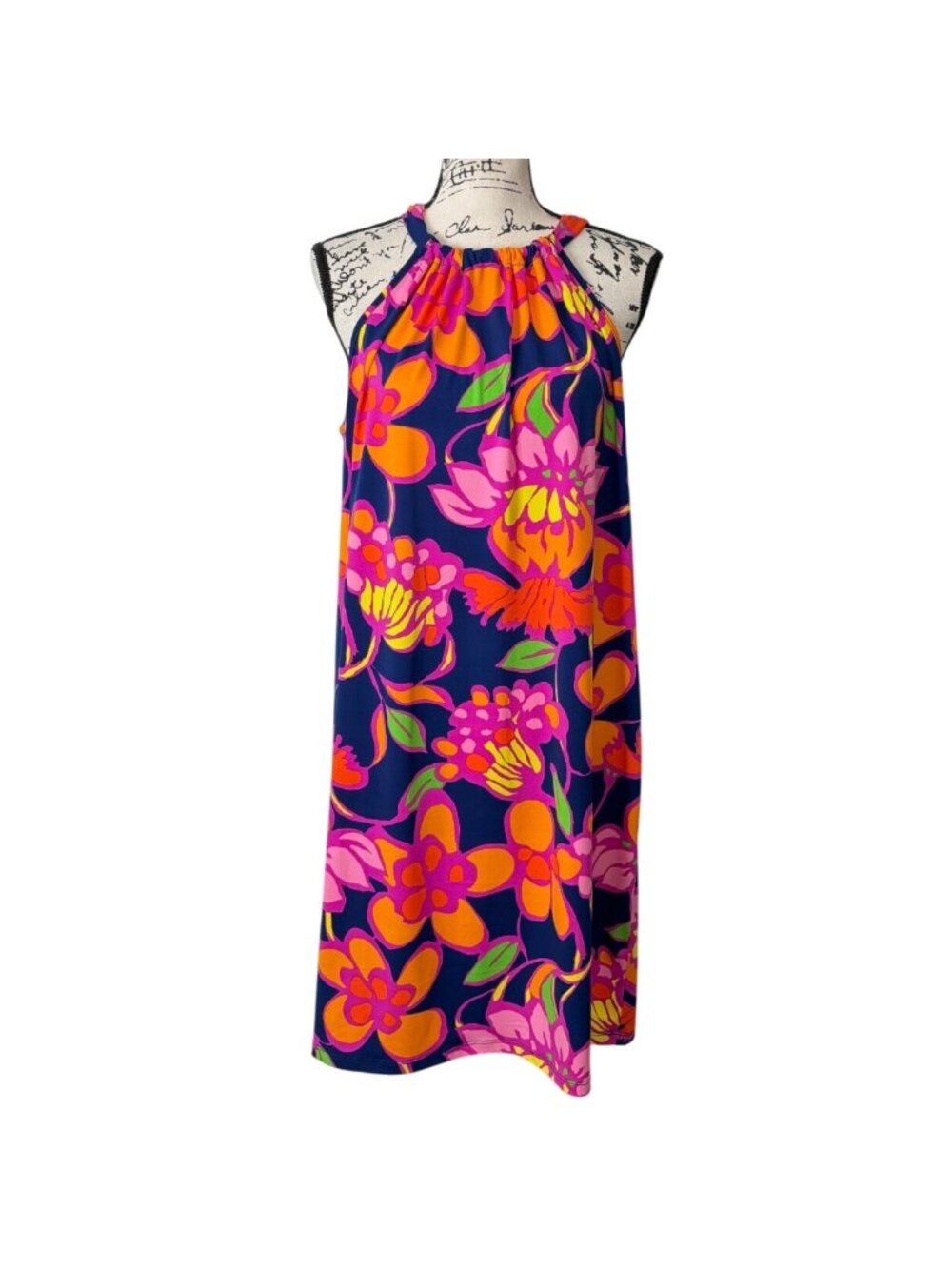 Trina Turk Women Size L Floral Halter Juju Dress Tropical Navy Pink Orange Shift - Picture 1 of 7